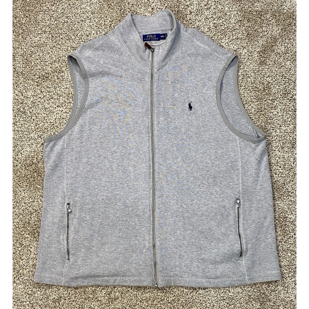 Polo Ralph Lauren Sweater Vest Mens 2XL Gray Full Zip Mock Neck Blue Pony